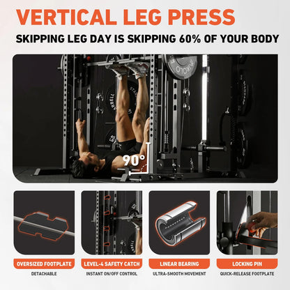 Smith Machine, All-In-One Power Rack Cage with Vertical Leg Press, 2000LBS Power Cage Squat Rack with Smith Bar, Dual Pulley Cable Crossover System for Home Gym