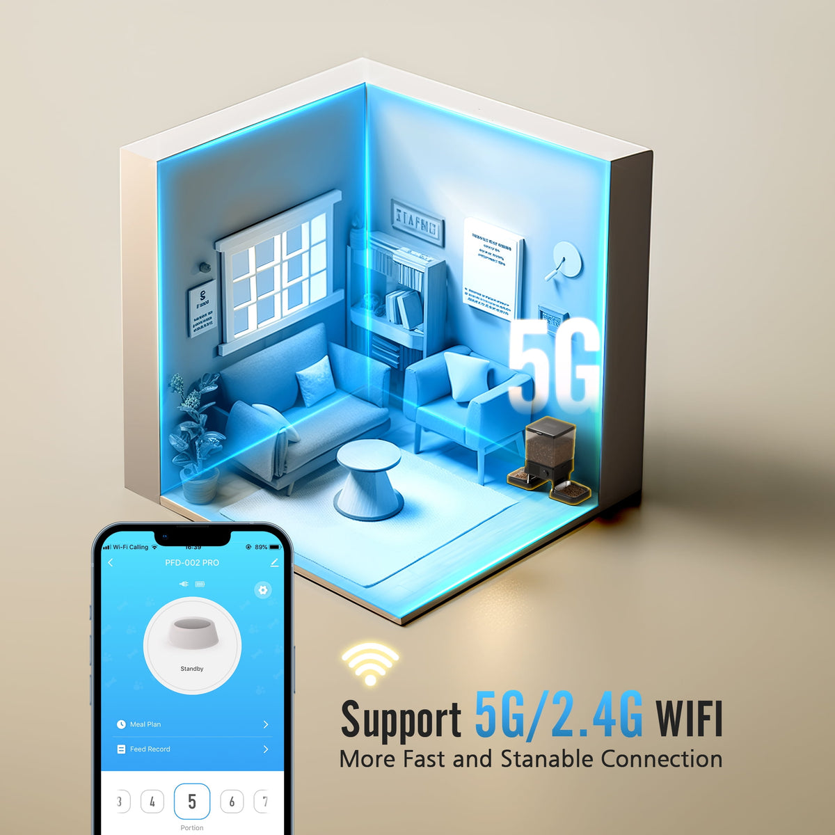 5L/20 Cups Automatic Cat Feeder with 5G Wifi & APP Control, PFD-002 PRO Double Bowl Cat Food Dispenser with 1 Desiccant Bag, Timed Automatic Pet Feeder for 2 Cats/2 Small Dogs - Black