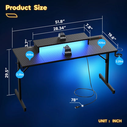 52 Inch Gaming Desk with Power Strip and LED Monitor Stand, Small Computer Desk for Home Office, Carbon Fiber Black