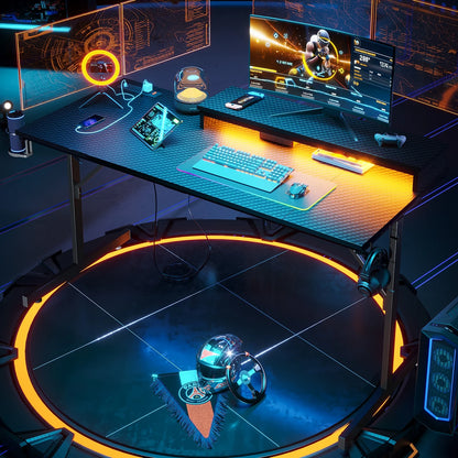 52 Inch Gaming Desk with Power Strip and LED Monitor Stand, Small Computer Desk for Home Office, Carbon Fiber Black