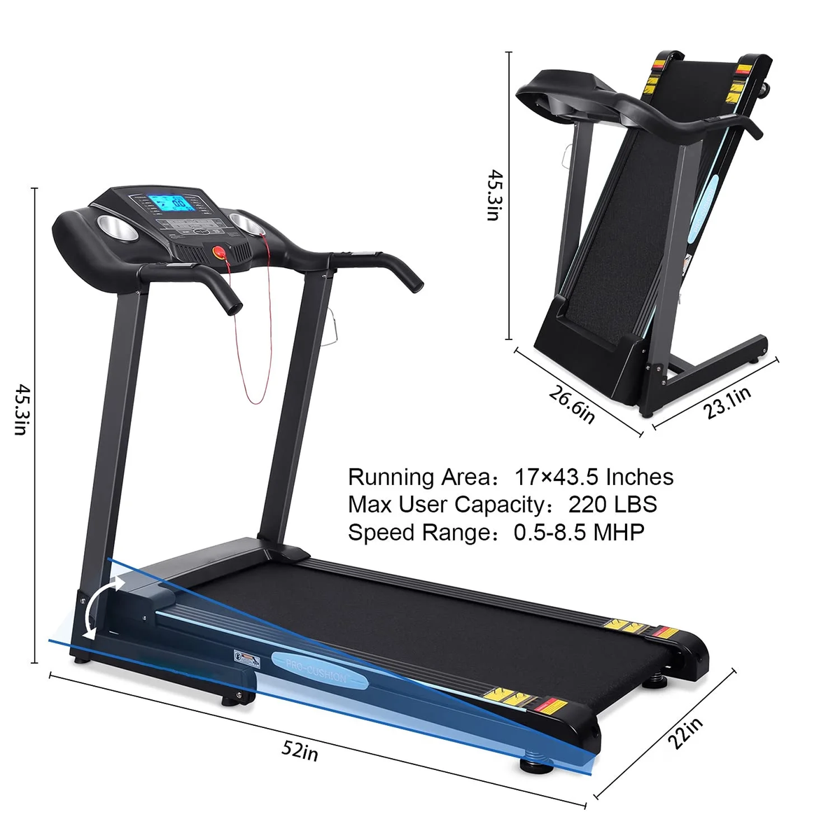2.5 HP Treadmills for Home with 12 Levels Auto Incline, 8.5 Mph Speed 15 Preset Program, 220Lbs Max Weight