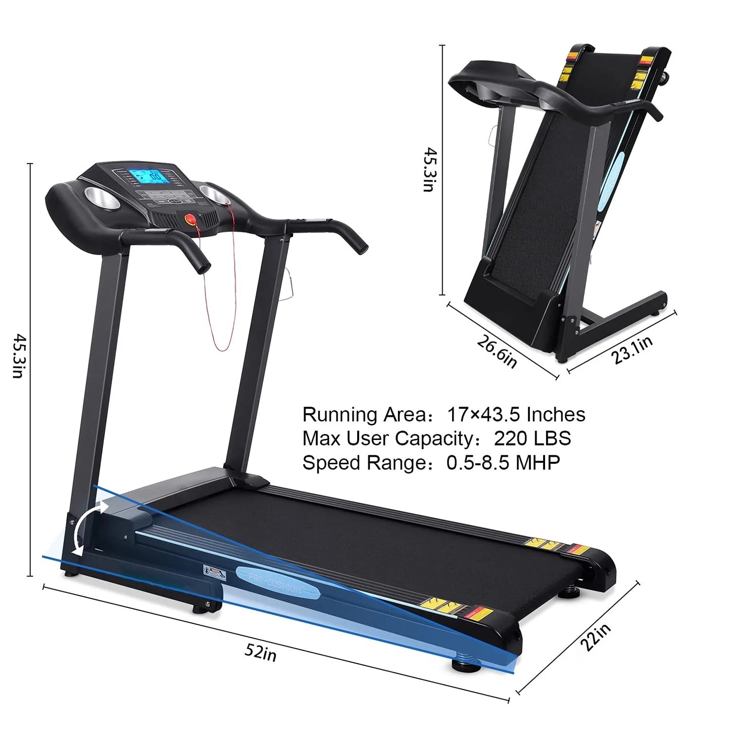 2.5 HP Treadmills for Home with 12 Levels Auto Incline, 8.5 Mph Speed 15 Preset Program, 220Lbs Max Weight
