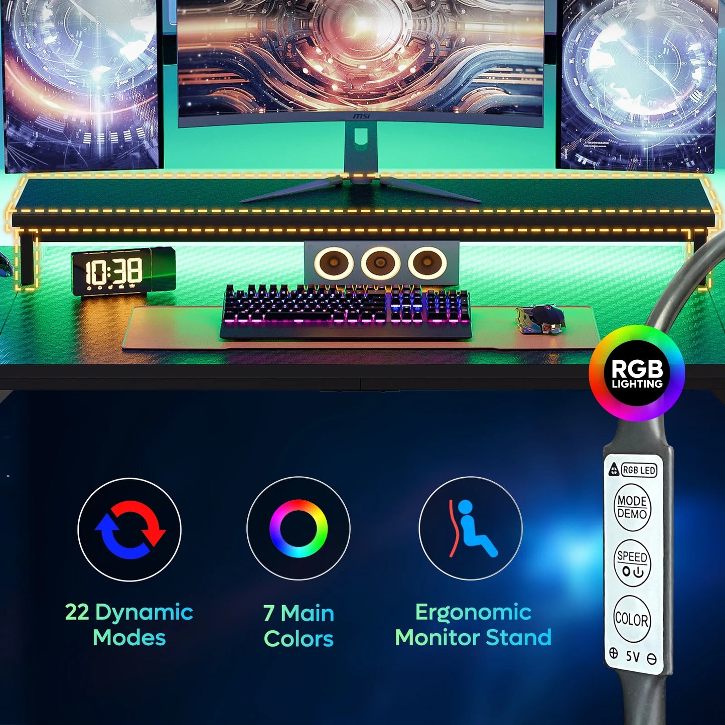 52 Inch Gaming Desk with Power Strip and LED Monitor Stand, Small Computer Desk for Home Office, Carbon Fiber Black