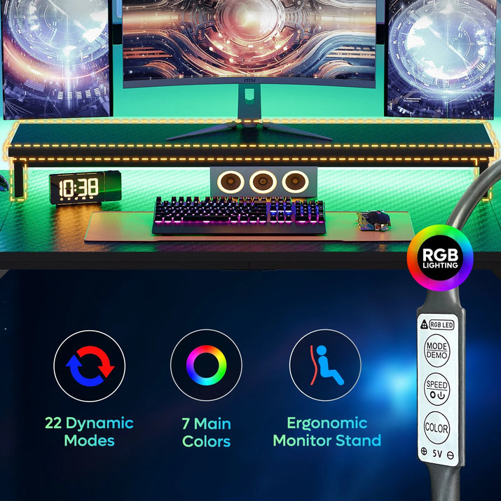 52 Inch Gaming Desk with Power Strip and LED Monitor Stand, Small Computer Desk for Home Office, Carbon Fiber Black