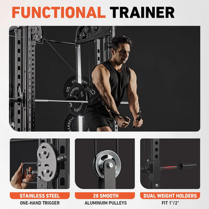 Smith Machine, All-In-One Power Rack Cage with Vertical Leg Press, 2000LBS Power Cage Squat Rack with Smith Bar, Dual Pulley Cable Crossover System for Home Gym