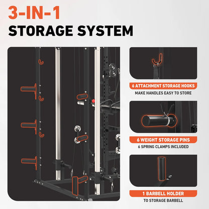 Smith Machine, All-In-One Power Rack Cage with Vertical Leg Press, 2000LBS Power Cage Squat Rack with Smith Bar, Dual Pulley Cable Crossover System for Home Gym