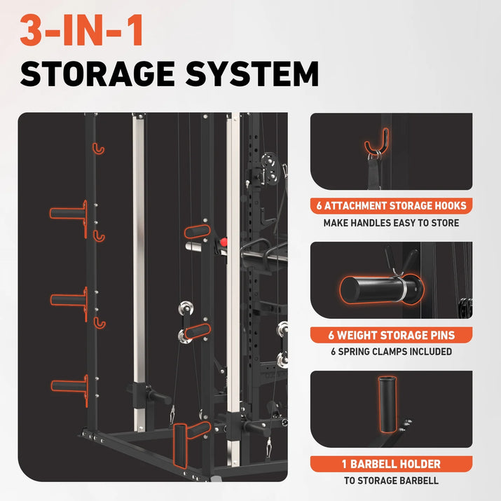 Smith Machine, All-In-One Power Rack Cage with Vertical Leg Press, 2000LBS Power Cage Squat Rack with Smith Bar, Dual Pulley Cable Crossover System for Home Gym